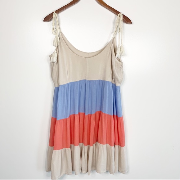 143 Story Color Block Tiered Mini Dress in Tan, Blue and Orange, Size Large - Picture 6 of 7